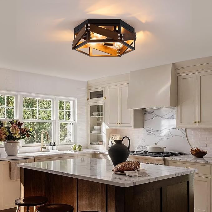 Farmhouse Flush Mount Ceiling Light, 3-Light Hallway Lights with Metal and Wood, Industrial Kitchen Light Fixtures Ceiling Mount, Rustic Black Chandelier for Bedroom Living Room Bathroom
