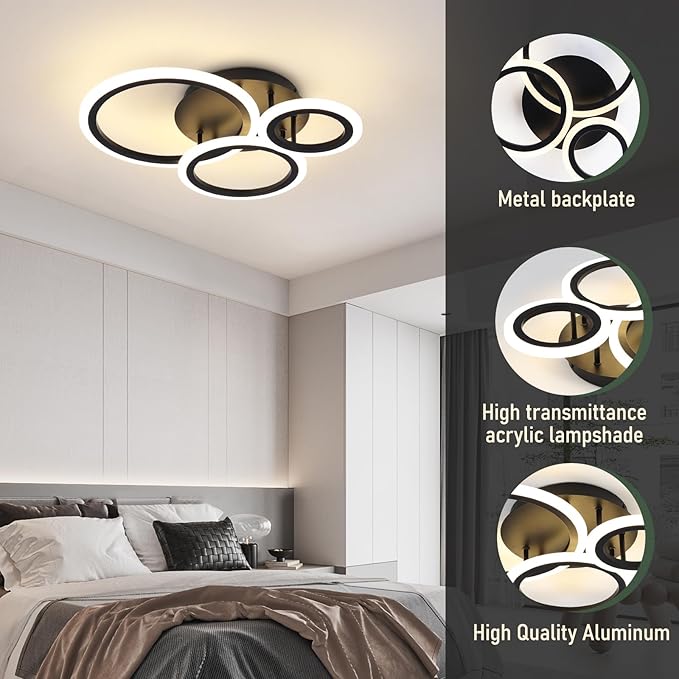 Acrylic Modern Led Ceiling Light 3 Rings Black Ceiling Light Fixture Dimmable Flush Mount Ceiling Light with Remote Control for Bedroom Dining Room Kitchen Office Lamp