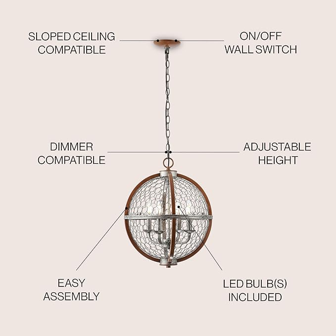 JONATHAN Y 16" Antiqued Silver/Brown 4-Light Iron Pendant Light, Rustic French Country Globe Chicken Wire Chandelier for Kitchen Island, Adjustable Height, LED Bulbs Included JYL7518A