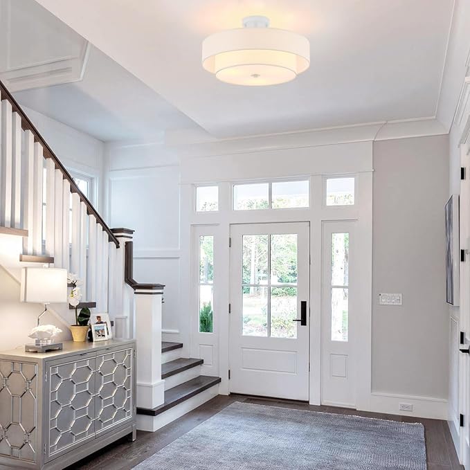 Modern Semi Flush Mount Ceiling Light, 18" Modern White 3-Lights Drum Ceiling Lighting Fixture, Vintage Linen White Ceiling Lamp for Laundry Room, Kitchen, Basement, Dining Room, Bedroom