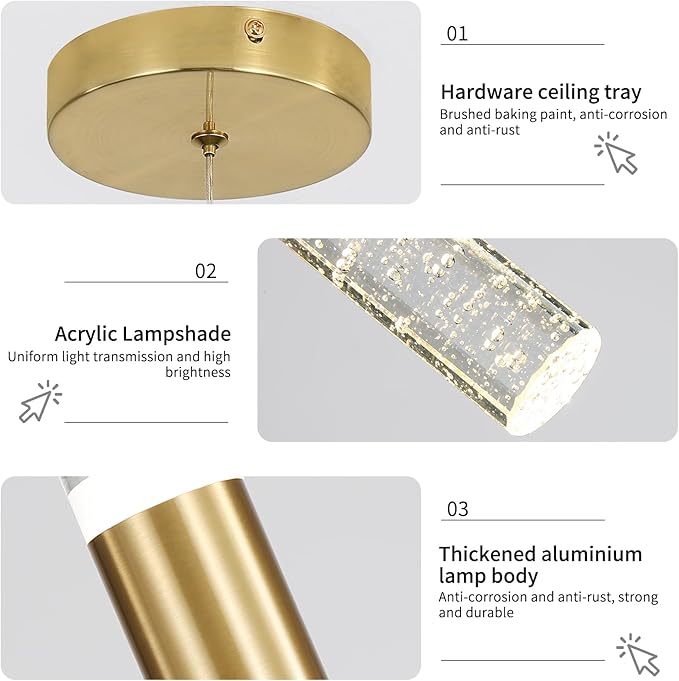 Modern Kitchen Island Pendant Lights, Gold Bubble Crystal Ceiling Hanging Light, 3 Color 2700K/4500K/6500K, Mini Linear LED Chandelier Lighting for Dining Room, Bedroom, Bar, Hallway, Bedside