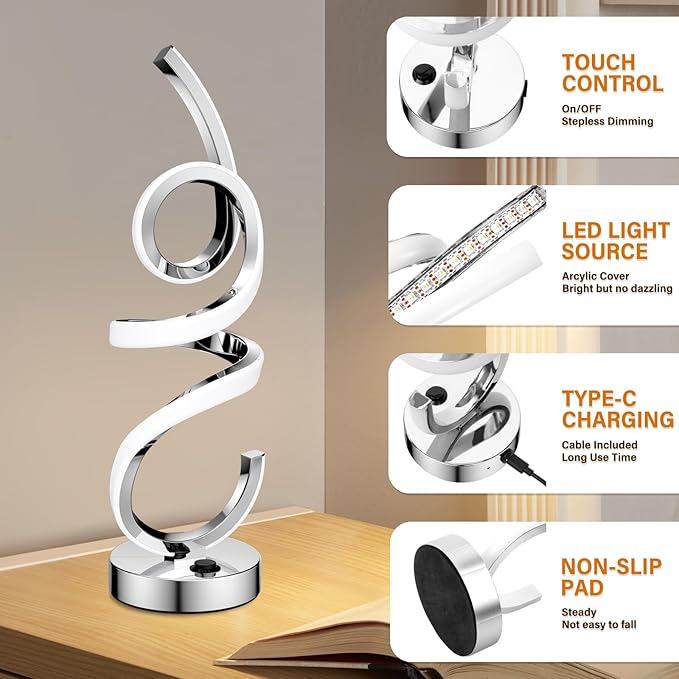 Wefomey Modern Spiral Table Lamp Color Changing Night Light Rechargeable LED Nightstand Lamp Dimmable Bedroom Lamp Remote Control for Home Decor Living Room Bedroom Office