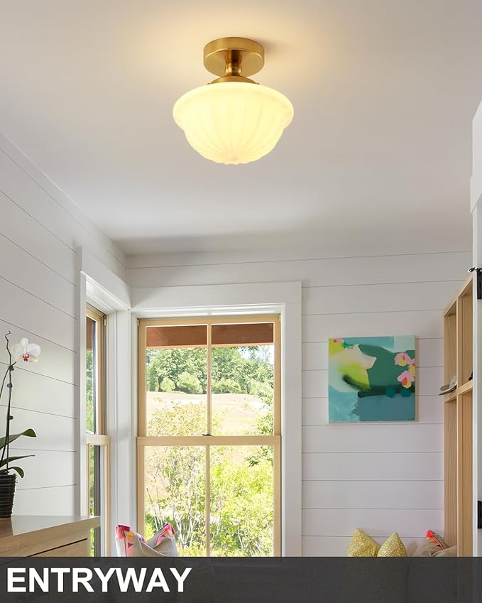 Schoolhouse Milk White Glass Ceiling Light,9" Semi Flush Mount Ceiling Light, Gold Mid Century Light Fixtures for Bedroom Kitchen Hallway Entryway