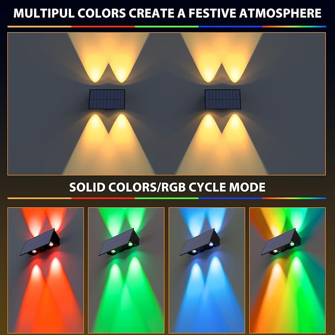 Solar Fence Lights,12 Pack Solar Lights Outdoor Warm White + RGB Up & Down Solar Wall Lights Waterproof 100 Lumens Dusk to Dawn Solar Powered Fence Light for Backyard/Pool/Railing/Patio/Porch/Step