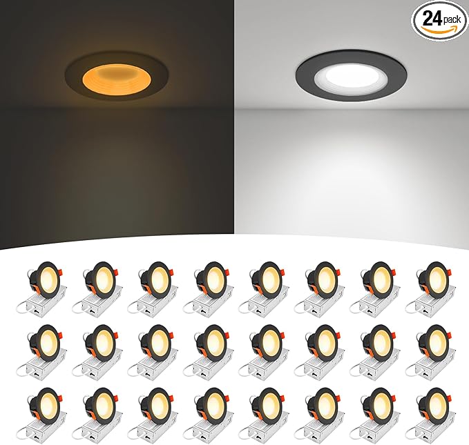 24-Pack 3 Inch Anti-Glare Recessed LED Downlight with Night Light, Deep Baffle Design, Dimmable, 2700K-5000K 5CCT Selectable, with Junction Box, Canless, 680lm, ETL Listed, Black