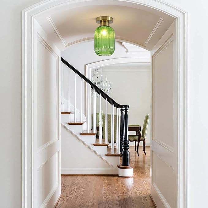 BOKT Globe Glass Ceiling Light Fixture Vintage Semi Flush Mount Ceiling Light Modern Classic Green Open Glass Shade Ceiling Hanging Light Fixtures for Bedroom Living Dining Room