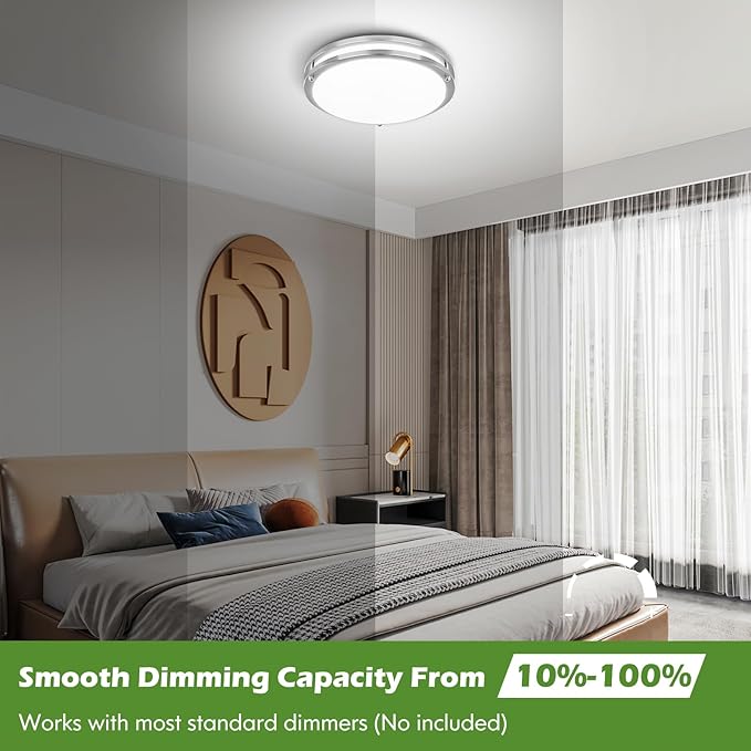 16 Inch 50W LED Ceiling Lights, Dimmable Brushed Nickel Flush Mount Ceiling Light, 2700K/3000K/4000K/5000K/6500K Adjustable, 5400LM Super Bright Ceiling Lamp for Bedroom Kitchen Office, 1-Pack