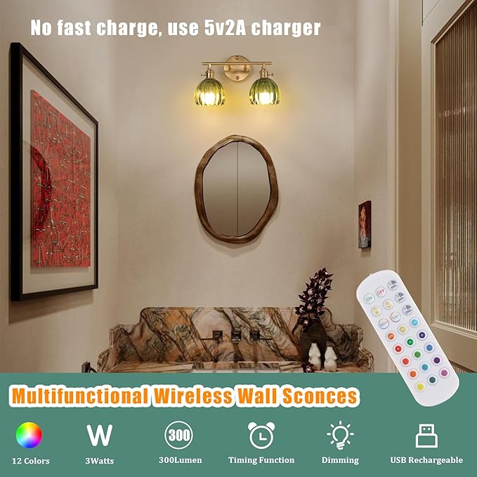 Shenmoyl Battery Operated Bathroom Light Fixtures, 2-Light Brass Vanity wall Light with 5000mAh Rechargeable Bulb Over Mirror with Green Tulip Glass Shade for Bedroom Living Room