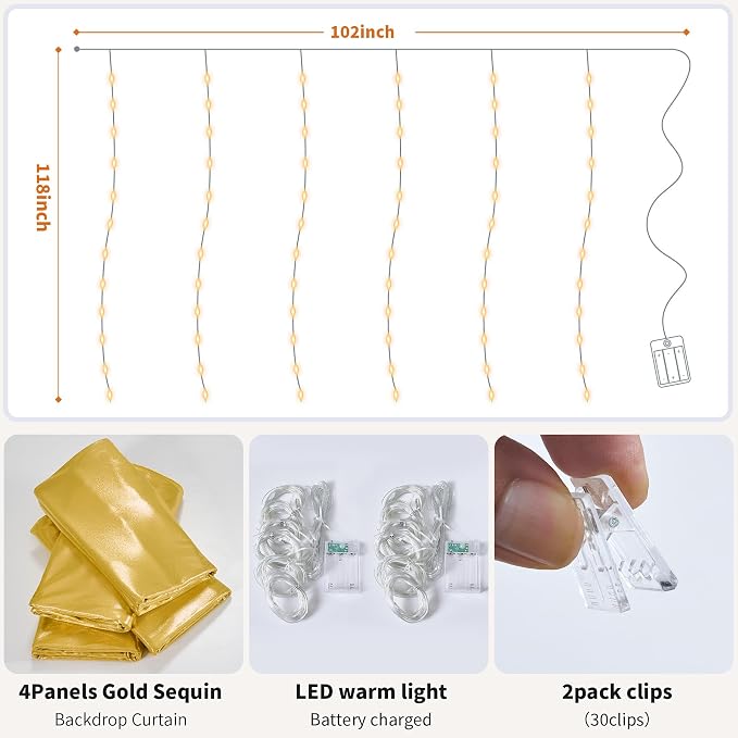 Outpain 20x10ft Gold Sequin Backdrop Curtains with Light -Lighted Up Gold Photo Backdrops with Non-Shedding Glitter, Wrinkle-Free Drapes for Wedding/Christmas/Studio(5x10ft 4 Panels)