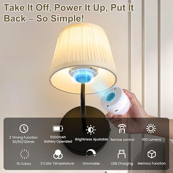 Rechargeable Wall Sconces Set of 2 - Vintage Black Cordless Battery Operated Fabric Sconce - Wireless Dimmable Led Bulb Wall Lights With Remote for Bedroom Bedside Living Room Stairway Hallway Porch