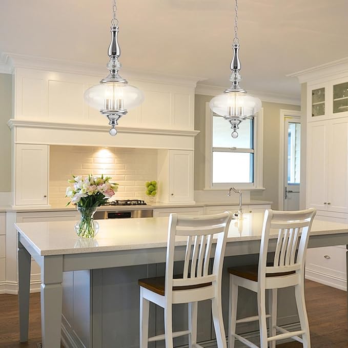 Polished Chrome Glass Pendant Light Modern Kitchen Island Pendant Light W 11.8 in. H 23.6 in.