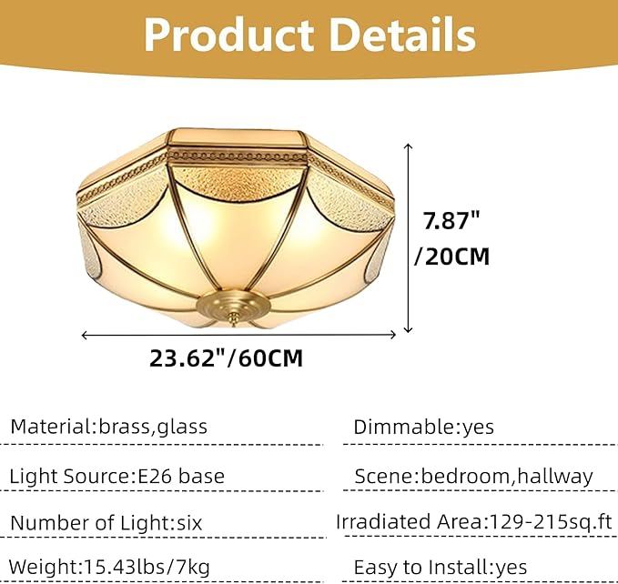 MIXL-Mid Century Modern Brushed Gold Ceiling Light Fixtures,6-Lights Brass Ceiling Lighting with Glass Shade,3-Colors Dimmable Dining Light Fixture, Art Deco Ceiling Lights for Bedroom Study Room