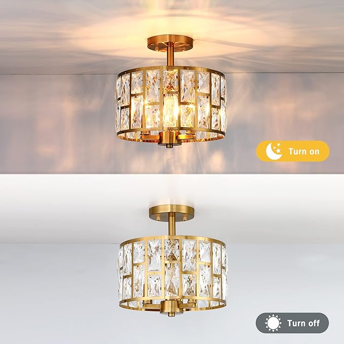 MEXO Gold Finish 3LT Crystal Semi Flush Mount Ceiling Light Fixture, Cylinder Drum Shade, Close to Ceiling, Perfect for Kitchen, Dining Room, Bedroom, Living Room, Entryway, Foyer