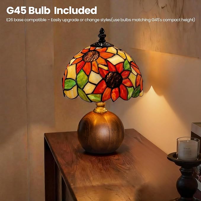 12.2" Handcrafted Sunflower Tiffany Lamp, Solid Wood Sphere Base, Stepless Dimmable Bedside Lamp for Reading Nook, Library & Mid-Century Decor, Aesthetic Antique Art Gifts, G45 LED Bulb Included