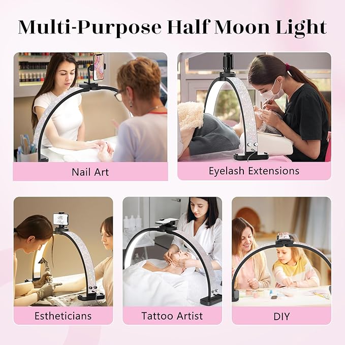 Half Moon Manicure Table Light: 31-inch Half Moon Light For Nail Desk With Phone Holder - AB Crystal Nail Tech Lamp For Beginner DIY - 48W Professional Nails Bright Desk Lamp for Salon,Lash,Tattoo