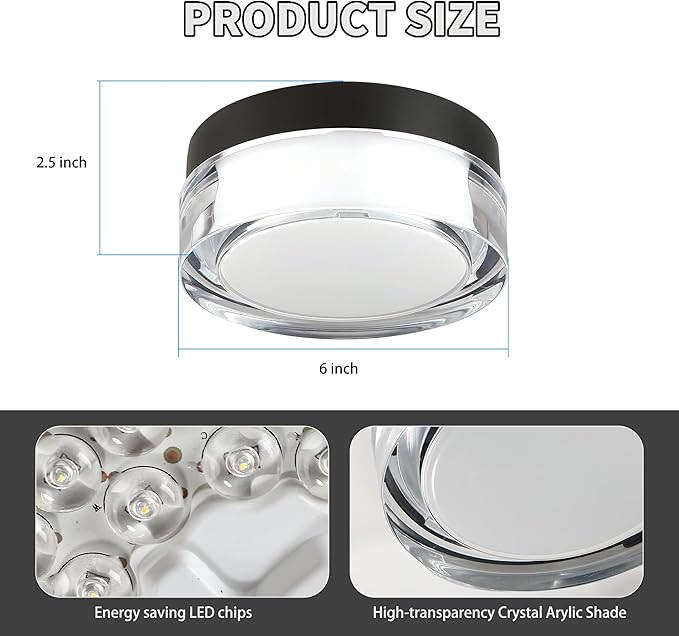 6 inch Flush Mount Ceiling Light Fixture, 3CCT LED Ceiling Lights, Black Modern Dimmable Lighting for Closet Hallway, Crystal Prismatic Featured, 3000K/4000K/5000K