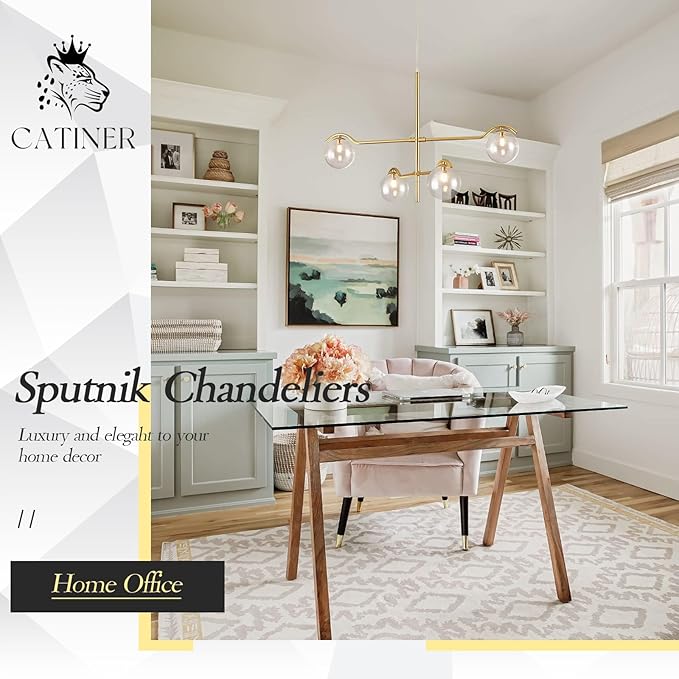 CATINER 4 Lights Gold Sputnik Chandelier, Modern Large L31 '' Mid Century Long Ceiling Pendant Light Fixtures with Clear Glass Globe Shades for High Ceiling Living Room Foyer Dining Room Bedroom