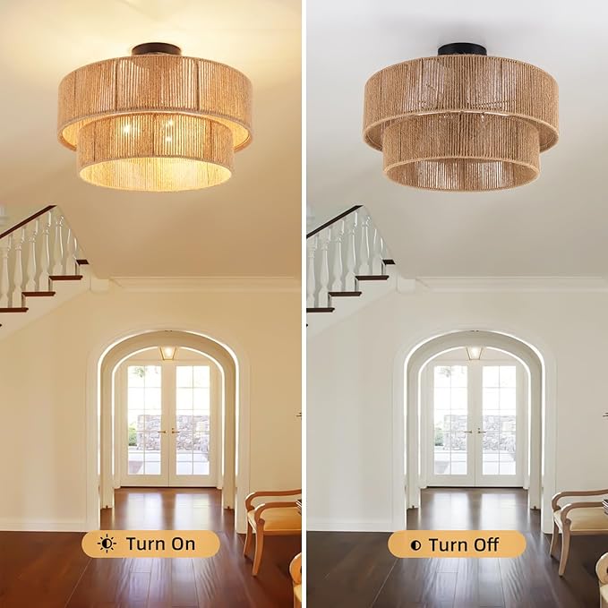 Boho Semi Flush Mount Ceiling Light Rattan Ceiling Light 18" Farmhouse Ceiling Lamp with Natural Hemp Rope Lampshade for Dining Room Living Room Bedroom Kitchen