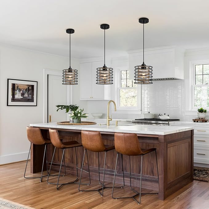 Farmhouse Pendant Lights Kitchen Island, Kitchen Hanging Light Fixtures Wood Grain Cage Metal Lighting for Dining Room Bedroom Bar Office Entryway Hallway, Industrial Black, 1 Pack
