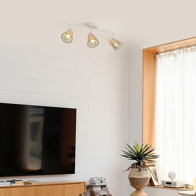 GLOBE Electric 64000043 22" 3-Light Track Lighting, Matte White, Bamboo Shades, Pivot Shade, Ceiling Light, Track-Light Heads, Kitchen Lights, E12 Socket
