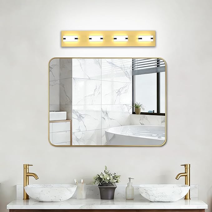 LED Bathroom Light Fixtures, 4-Light Modern Vanity Lights with Milky White Frosted Acrylic Shades, Gold Bathroom Lighting Fixtures Over Mirror, ETL Listed, 27W 5CCT Adjustable