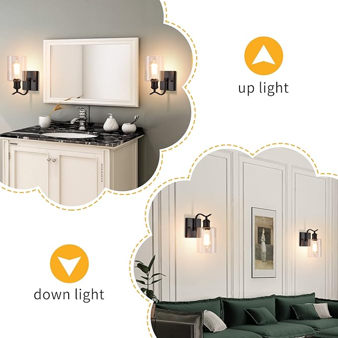 HOXIYA 2 Pack Matte Black Bathroom Vanity Light, Farmhouse Industrial Modern Wall Sconce Lighting Fixtures with Clear Glass Shade for Hallway Entryway Bathroom