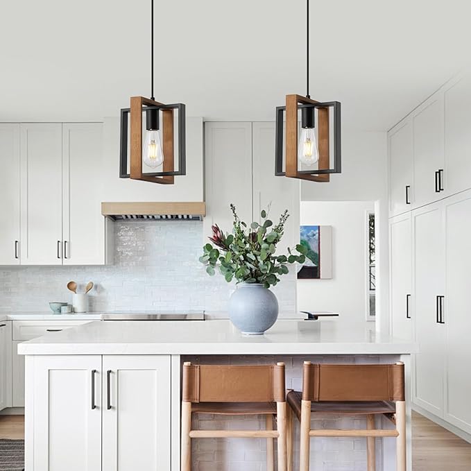 9MMML Wood Pendant Light Kitchen Island Set of 2, Farmhouse Hanging Lamp with 62'' Height Adjustable Cord, Small Ceiling Pendant Light Fixture for Dining Room, Entryway, Foyer(E26 Bulb Base)