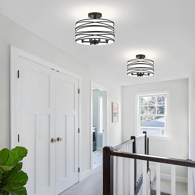 TOULMJ 4-Light Semi Flush Mount Ceiling Light, Black Drum Chandelier with White Fabric Shade, Modern Entryway Light Fixtures for Kitchen Island Laundry Room Hallway Dining Room