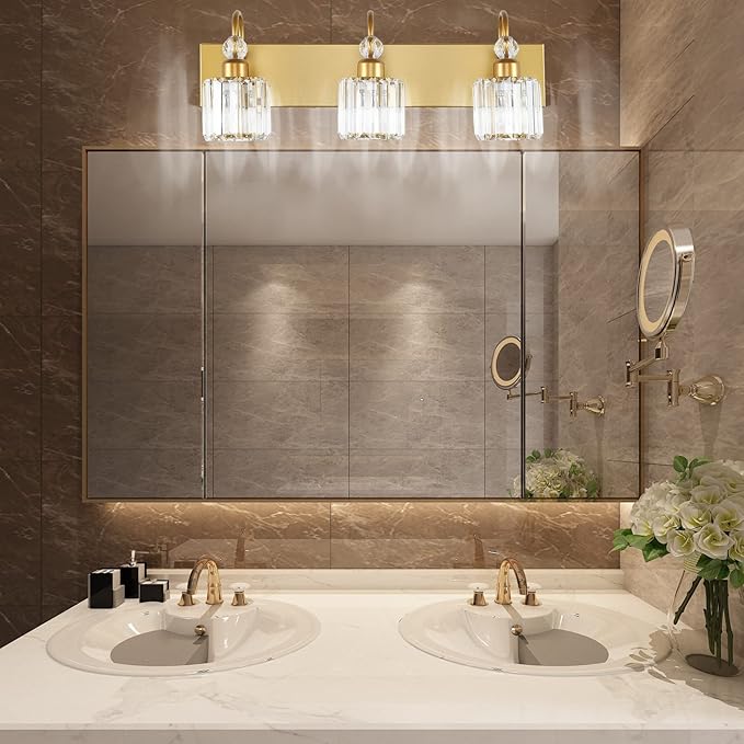 Ralbay Gold Bathroom Vanity Lights 3-Lights Gold Crystal Vanity Lights Over Mirror Modern Crystal Bathroom Vanity Lighting Fixtures