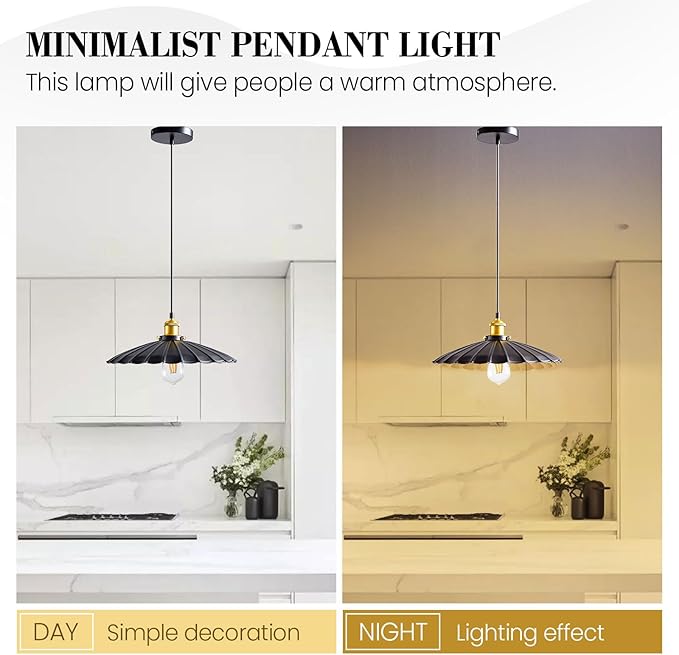 Hanging Light Fixture, Metal Pleated Lampshade Kitchen Island Pendant Lights Black Hanging Light Fixture 15.7 Inch Hanging Pendant Light 6.5Ft Height Adjustable