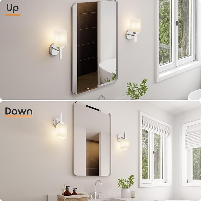 Vanity Lighting Fixtures Polished Chrome Bathroom Lights with White Frosted Glass Shade, Wall Sconces for Mirror Hallway Entrance, 2 Pack T002CH-L1-P2