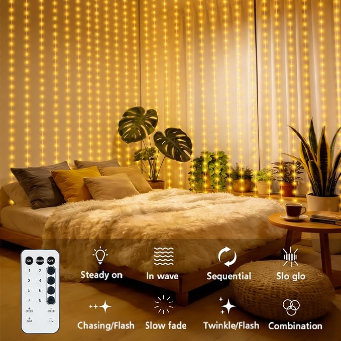echosari Curtain Lights Battery Operated, 300 LED Fairy Lights 9.8 x 9.8Ft with Timer for Bedroom Wedding Backdrop Indoor Decor (Warm White)