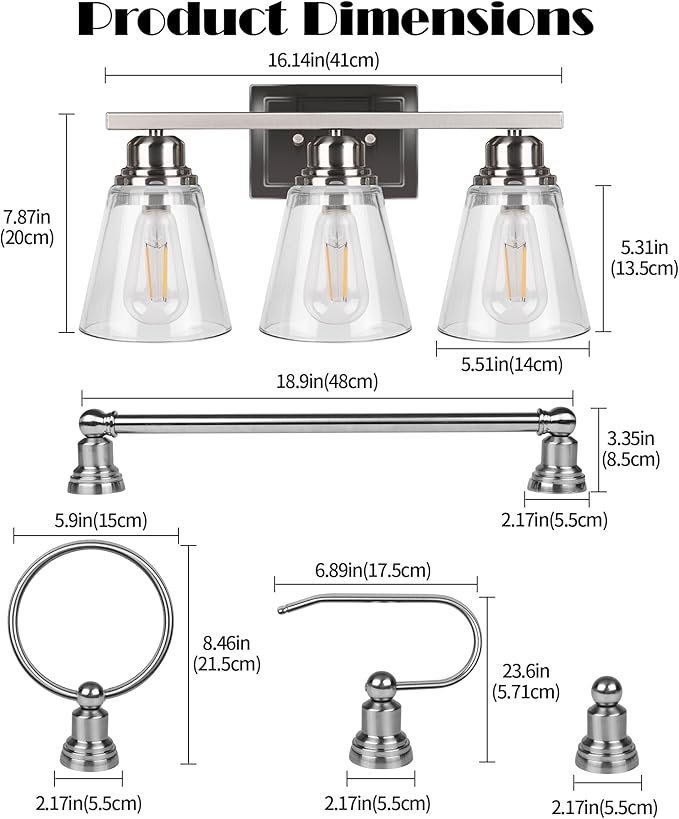 Brushed Nickel 3 Light Bathroom Vanity Light Set,5 Piece Brushed Nickel Bathroom Light Accessories Set,Brushed Nickle 3 Light Bathroom Vanity Fixture with Hardware Set