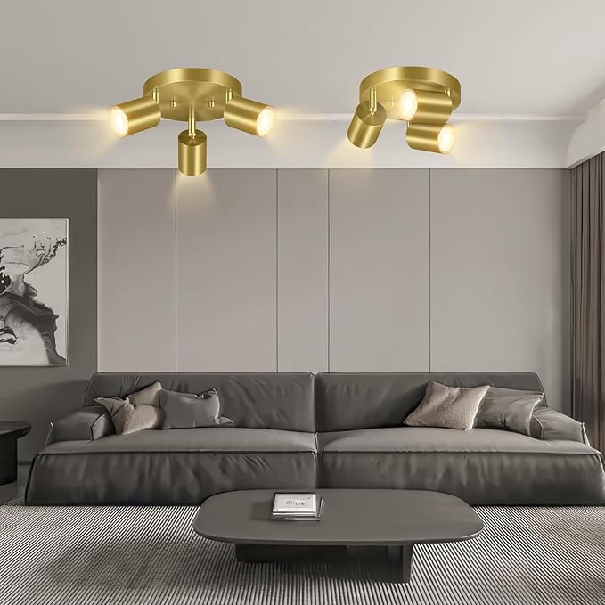 3 Light Track Lighting Fixtures Ceiling, Gold Round Directional Ceiling Spotlight, GU10 Flush Mount Track Fixture, Adjustable Modern LED Ceiling Lights for Kitchen/Living Room, Bulb Not Included