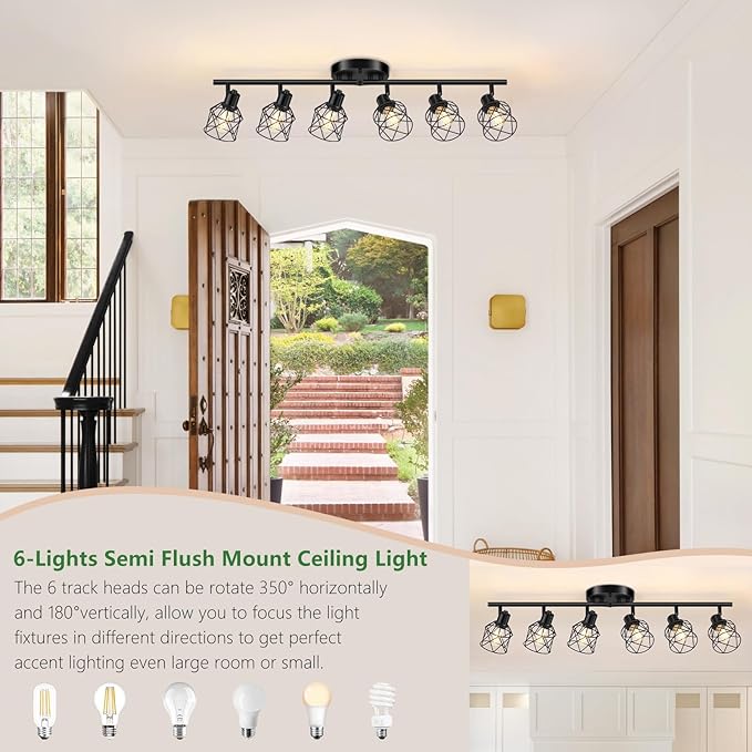 6-Lights Black Semi Flush Mount Ceiling Light, Multi-Directional Ceiling Light Fixtures, Rotatable Kitchen Track Lighting Fixtures with Wire Cages for Living Room, Dining Table, Foyer