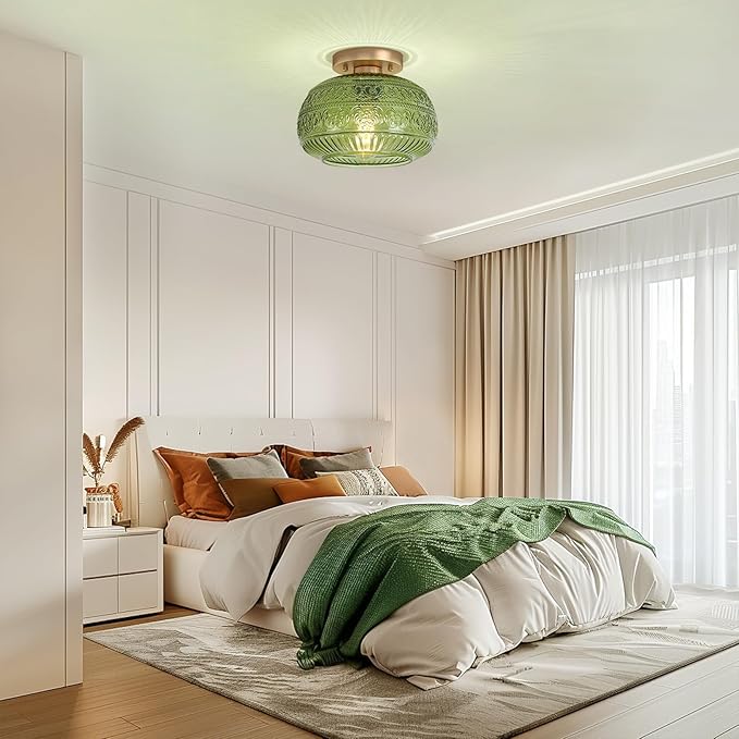 Semi Flush Mount Ceiling Light, 9" Green Glass Gold Fixture, Modern Close to Ceiling Light for Kitchen Hallway Bedroom, E26 Base,Bulb NOT Included