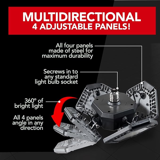 Bell+Howell QUADBURST LED Ceiling Light Bulbs 80W 5500 Lumens – 4 Aluminum Deformable Panels LED Shop Light Fixture for Indoor, Bedroom, Garage Lights, Home Improvement, E26 / E27 Socket (Gray)