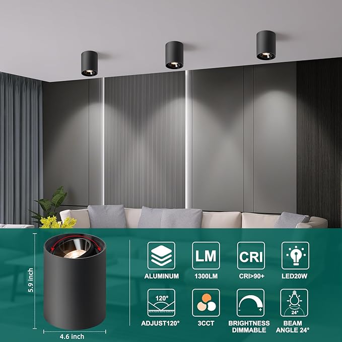 OKELI Black Modern LED Dimmable Ceiling Light Fixtures for Hallway Kitchen Entryway, 20W 1300LM 2700K-6000K Flush Mount Close to Ceiling Lighting, Cylinder Ceiling Lamps for Living Room 3pack