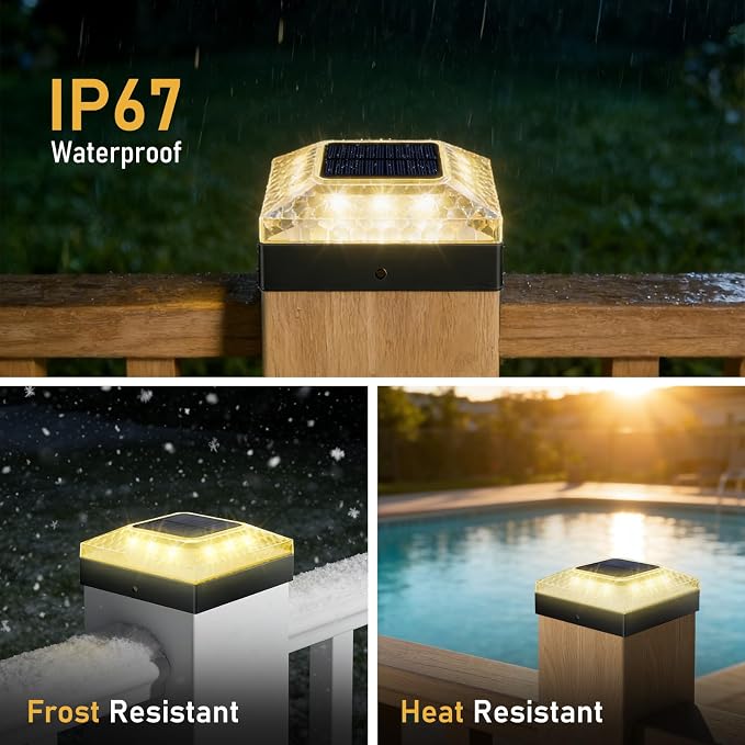4x4 Solar Post Cap Lights 16 Pack, 3 Color Modes & 2 Brightness, IP67 Waterproof Fence Lights with Auto On/Off, 12-20H Runtime, No Wiring Needed for Outdoor Garden Yard