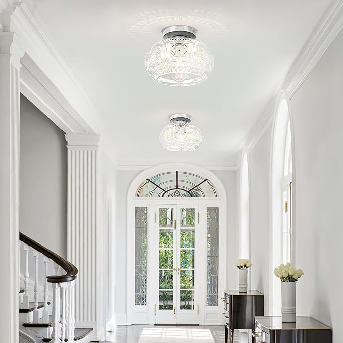 Semi Flush Mount Ceiling Light, Globe Glass Ceiling Light Fixture, Brushed White Oak Modern Lighting for Hallway Bedroom Entryway Kitchen Porch, Bulb Not Included