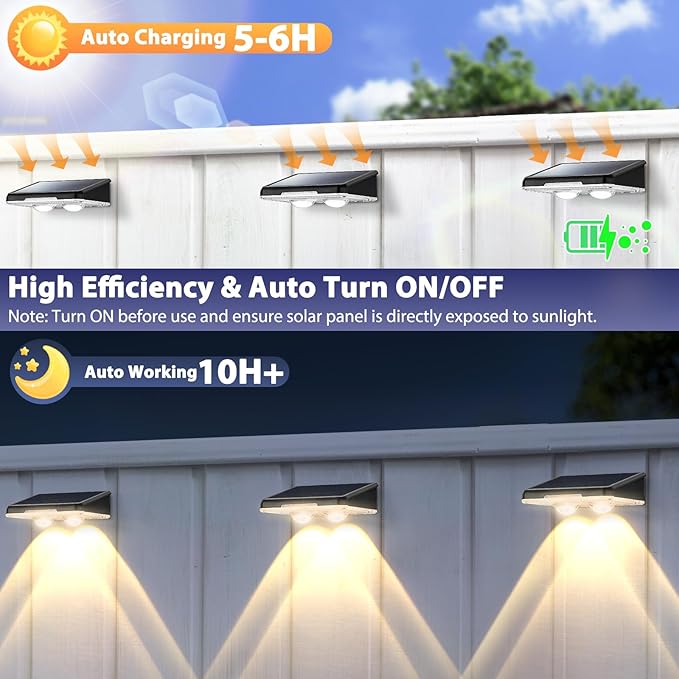 Solar Fence Lights Outdoor 12-Pack, Waterproof LED Fence Light Solar Powered with 3 Modes (3000K/4500K/6500K) for Outside, Deck, Step, Stairs, Balcony, Yard, Patio, Walkway, Pathway, Railing