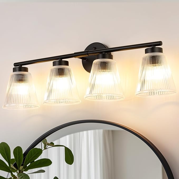 OCIOC Bathroom Vanity Light, 4-Light Modern Matte Black Wall Sconce with Glass Shade, Black Wall Light fixture, Bath Vintage Wall Mounted Lamps for Mirror Bedroom,Living Room