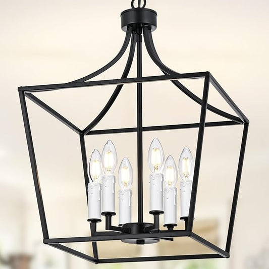 6-Light Large Classic Lantern Chandelier in Black, Height Adjustable Hanging Pendant Light Fixture for Kitchen Island Dining Room Foyer, E12 Bulb Base