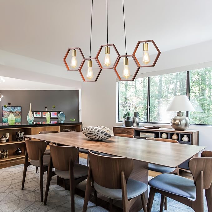 Farmhouse Kitchen Island Light Fixtures,5-Light Dining Room Light Fixtures Over Table, Industrial Pendant Lights Linear Chandeliers for Dining Room Kitchen Island