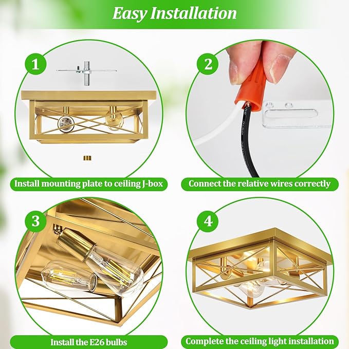 Gold Hallway Light Fixtures Ceiling, 2-Light Farmhouse Vintage Flush Mount Ceiling Lights, 2-Pack Brass Metal Kitchen Light Fixtures, Close to Ceiling Lights for Bedroom Living Room Entryway