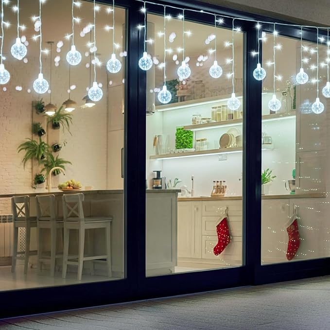 Christmas Globe Curtain String Lights 11.5ft 96LED Globe Crystal Ball Fairy Lights,Shatterproof Crystal Crackle Globe Window Lights W/Plug-in for Christmas Decoration Indoor Outdoor Bedroom