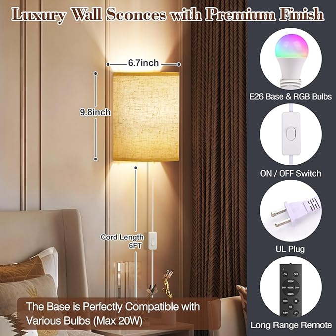 Plug in Wall Sconces Set of Two: Wall Lights with 7 RGB Colors - 3 Color Temperature Wall Mount Lamps with Remote - Fabric Linen Wall Sconc for Bedroom Living Room & Hallway- Indoor Corded Wall Sconce