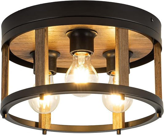 MAYNA 3-Light Retro Farmhouse Flush Mount Round Vintage Metal and Wood Ceiling Light Fixtures, Rustic Ceiling Lamp for Kitchen, Hallway, Entryway, Bedroom, Dining Room