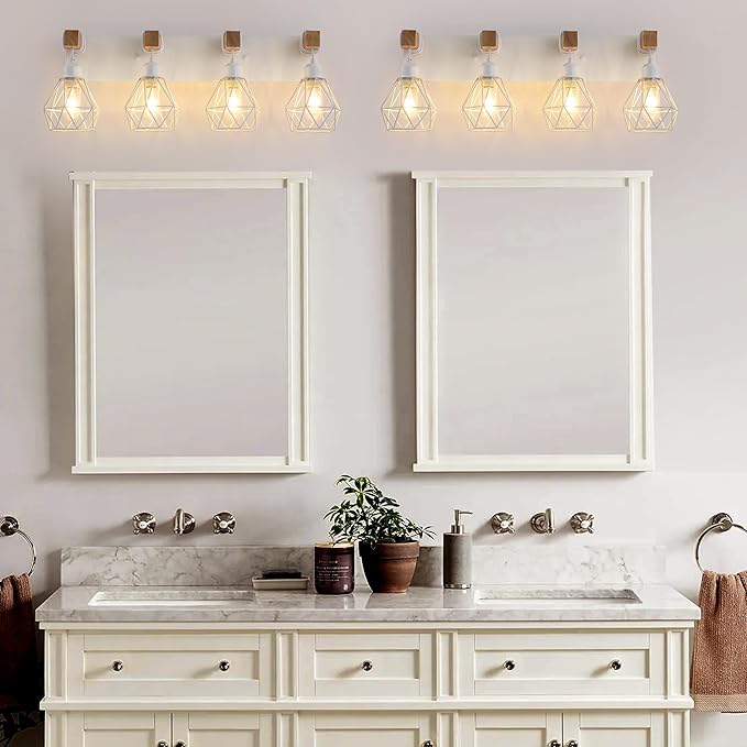 Farmhouse Vanity Light for Bathroom, 4-Light White Wood Bathroom Vanity Light Fixtures Over Mirror, Rustic Sconces Wall Lighting with Metal Lampshade for Living Room, Bedroom, Hallway