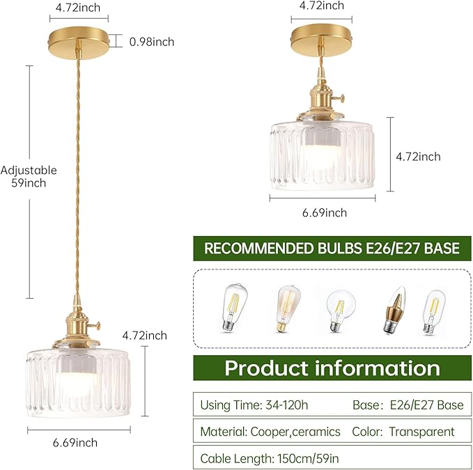 Shenmoyl Battery Operated Pendant Light 5000mAh Rechargeable Chandelier with Remote Control Wireless Adjustable Hanging Clear Striped Light for Kitchen Island Dining Room Hallway